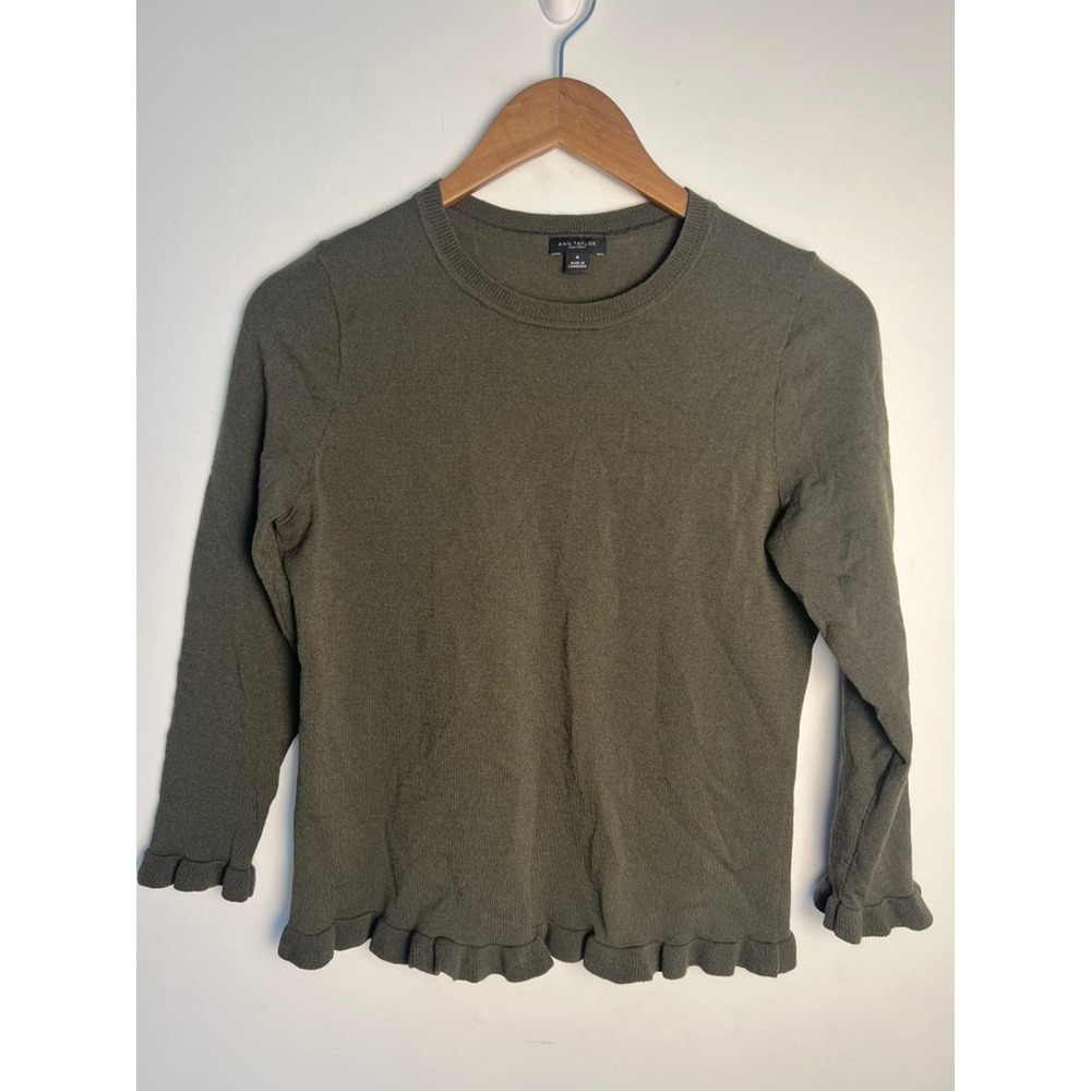 Ann Taylor Factory‎ Med Olive Green Ruffle Hem Crew Neck Sweater Minimal Office